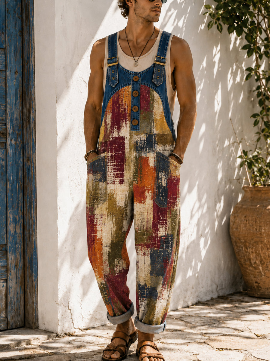 Men's Retro Art Print Casual Sleeveless Denim Patchwork Jumpsuit